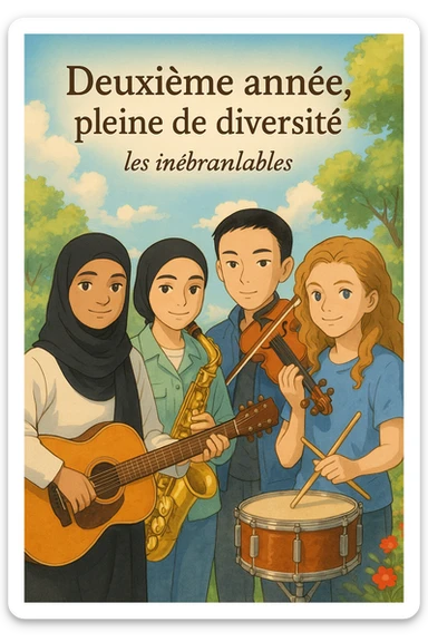 Create a warm and inviting cover in the Ghibli style featuring 4 students, each holding a different musical instrument: guitar, saxophone, violin, and drums. The composition should be dynamic with vivid colors and a welcoming background. Include the title 'Deuxième année, pleine de diversité' and the group name 'les inébranlables' prominently in the design. sticker