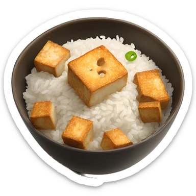 a bowl with white rice and crispy sesame tofu sticker