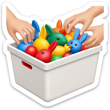 hands placing colorful toys into a storage bin, simple and friendly sticker