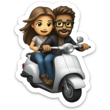 Boy with long hair, beard, and glasses, riding a black scooter with a girl on the back sticker