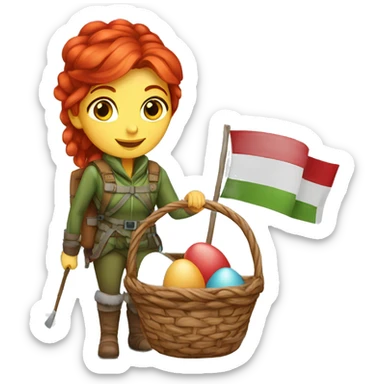 female winter mountaineer red hair with red easter egg basket and greek flag sticker