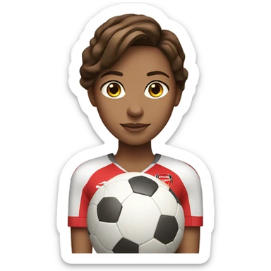 Pretty woman with medium brown hair holding a soccer ball and wearing an Arsenal jersey sticker