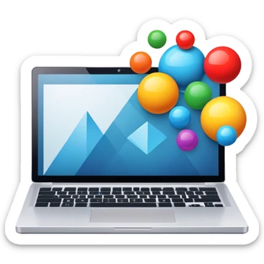 Professional icon for Graphic Design: a laptop with Photoshop open on the screen, displaying geometric shapes like spheres, cubes, and pyramids, along with a stylus. The icon should reflect the creative process in graphic design. Transparent background. sticker