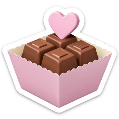 Two square milk chocolate , Each praline is a sharp-edged cube with smooth glossy chocolate coating, placed in a small white fluted paper candy cup. On top of each cube is a flat pastel pink heart-shaped icing sticker
