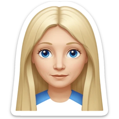 50 yr old white woman, hippe part bangs, very long straight blond hair, oval face, small smile, blue eyes, thin face, hair downback, hair parted at center of head, round cheeks, pale, longer hair sticker