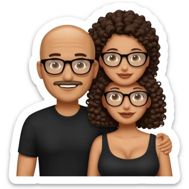 A picture of a happy tanned couple. the man is a Mexican man with tanned skin, a bald hair cut, short beard and wearing a black shirt. the woman is mixed, wearing black rectangle glasses, with long curly dark brown hair and with big boobs  sticker