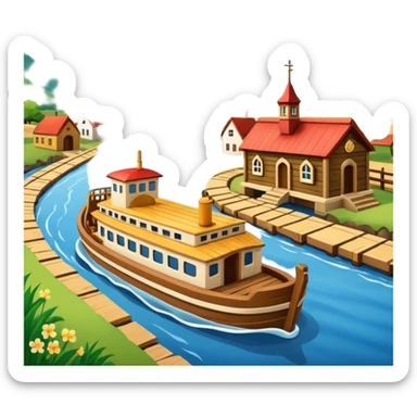 a ferry crossing a river between towns sticker