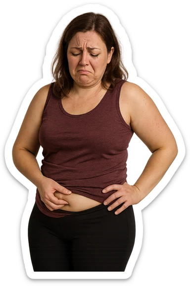 realistic woman, gesture or expression showing discomfort about her body weight, no background, 2:3 aspect ratio sticker