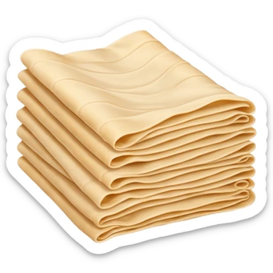 realistic small stack of ultra-thin rectangular filo dough sheets with wavy edges, soft beige color, top sheet curled showing delicate translucent texture, dry smooth surface with creases, clean 3D rendering, soft lighting, transparent background, emoji scale sticker