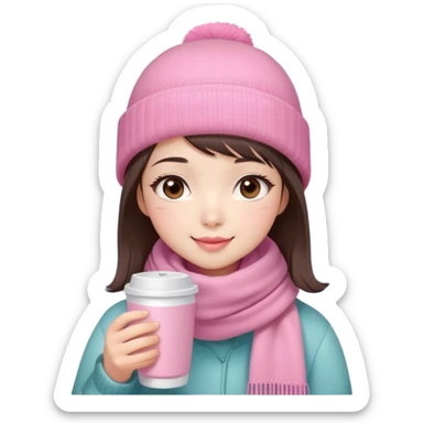 Cute East Asian girl, soft fair skin, big brown eyes, long lashes, natural pink lips, inward brown bob with straight bangs. Wearing pink beanie and scarf, rosy cheeks, shy smile, holding warm drink, snow,  sticker