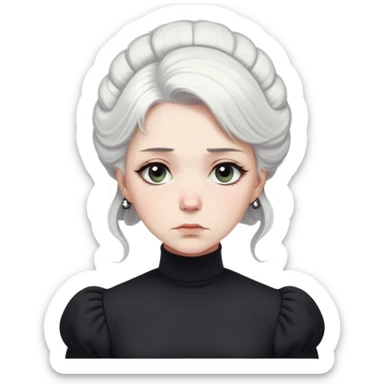 A Victorian woman with simple coiffed white hair and light eyes wearing a simple monochrome black turtleneck mourning dress with puffed sleeves looking down with a forlorn, miserable expression sticker