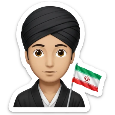 A man with a black turban and an Iranian flag sticker