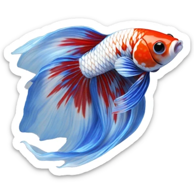 A Koi Betta with a marbled pattern of red, white, and metallic blue. Its long, flowing fins mirror the vibrant body, with a shimmering blue iridescence sticker