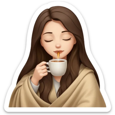 Brunette girl long hair inside a beige blanket sipping coffee eyes closed sticker