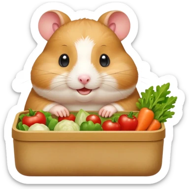 Cute chubby cartoon-style hamster holding a small bento box filled with vegetables, smiling proudly. Soft painterly shading, white background, sticker-style illustration sticker