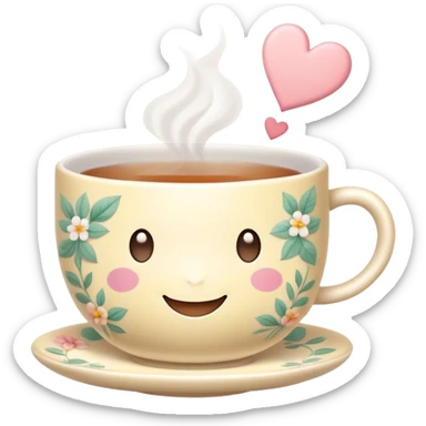Cute Kawaii Tea Cup, steaming with warmth, a charming smiling face, soft pastel tones, delicate floral patterns, a tiny heart-shaped tea bag tag, cozy and inviting! sticker