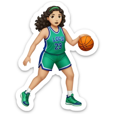 full body plus size light skin latino women basketball player with wavy dark hair large widenose wearing blue and green uniform sticker