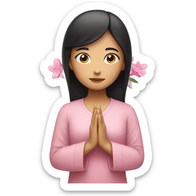 asian girl with black straight hair praying with pink flora  sticker