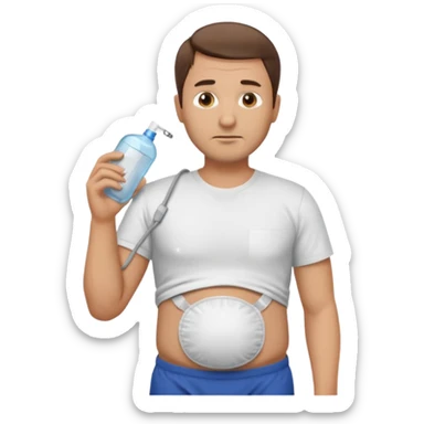 A man in his mid-40s with a stoma bag on his stomach. sticker