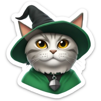 an angry cat with a witch hat in slytherin colors sticker