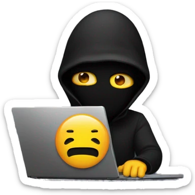  having a  laptop, and in that laptop is . make that emoji background is black. the programmer face is hidden in shadow with a black facemask , and his laptop is face towars right and his programming in laptop display is  shown sticker