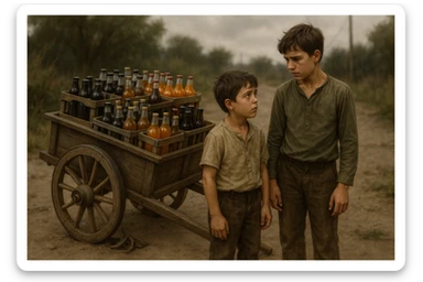 Bir g'ildiragi singan ichimliklar ortilgan arava uning yonida aka uka bir biriga havotirli nigoh bilan qarab turibdi realistik uslubda sticker