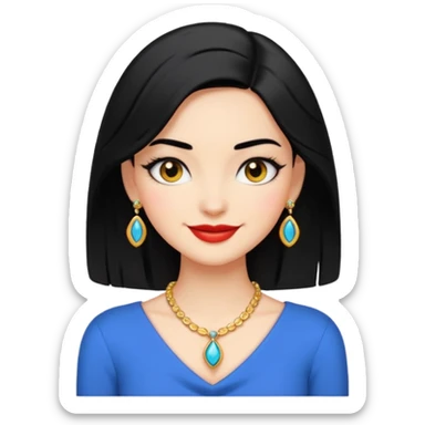 A confident, stylish female cartoon character with black hair, sly smile, flirtatious eyes, elegant pose, jewelry hints, minimalist, high-contrast colors, designed as a small, bold emoji icon. sticker