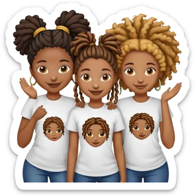 Can you make an emoji of 3 black girls 2 with locs 1 with a curly ponytail smiling wearing tshirts that says AIC sticker