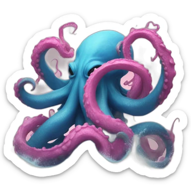 a blue kraken fighting  has another pink kraken sticker