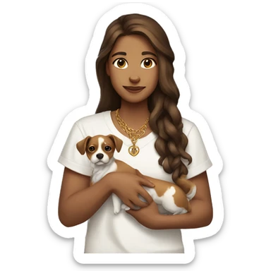 Long brown hair and light skinned holding a small dog and with a God necklace with a white shirt? sticker