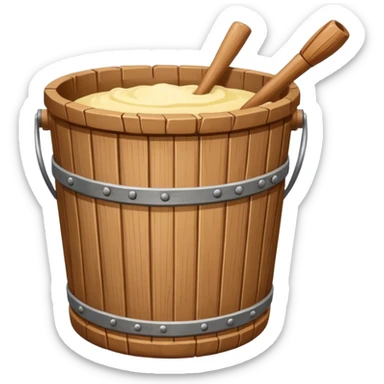 Create a wooden butter churn bucket with stick showing  sticker
