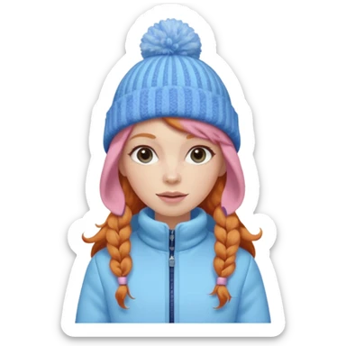 Ginger long hair lady with pink and blue pastel jacket and blue pastel winter hat sticker
