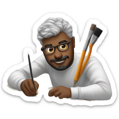👨‍🎨📱✍️ A creative man is focused, drawing on an iPad with a stylus. , using the iPad placed on a table. with art tools like brushes and pencils around him. 🎨 sticker