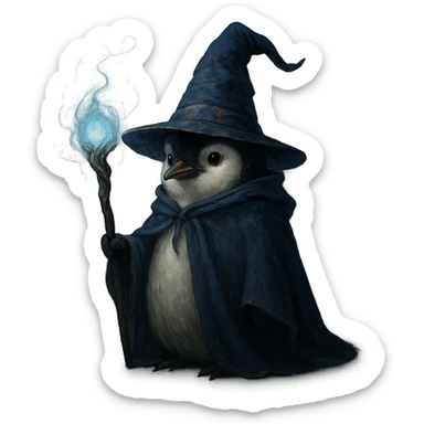penguin wizard, magical staff, wearing a wizard hat, mystical atmosphere sticker