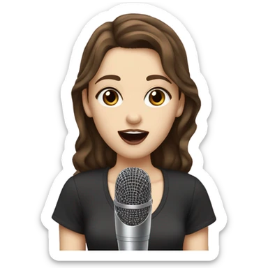 a girl with brown hair, hazel eyes, pale skin, dark lips, singing into a microphone sticker