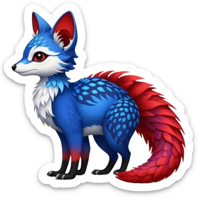 Feral Rare Fantasy vibrant tropical exotic cobalt-blue-crimson-red-black-white-yellow-gradients, Vernid-Trico-species-creature by LiLaiRa, random markings, tufted tail, tufted ears, full body sticker