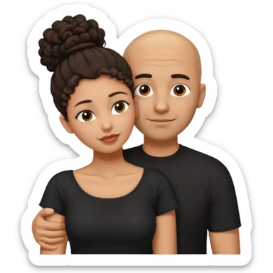 A picture of a tanned couple embracing. the man is a Mexican man with tanned skin, a bald hair cut, short beard and wearing a black shirt. the woman is mixed, with curly dark brown hair in a big messy bun and with big boobs  sticker