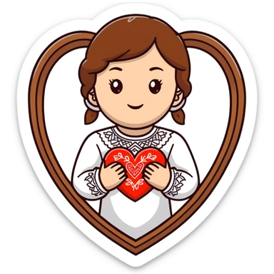 Beautiful young girl with brown hair in a white Ukrainian embroidered shirt holding a large embroidered heart sticker