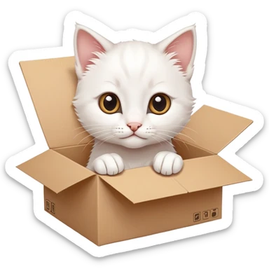  A very cute white young kitten cat with one's head tilted to one side poked its paws out of the cardboard big box and placed them on top of it sticker