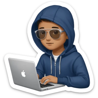 boy with sunglasses and a hoodie sitting with a laptop sticker