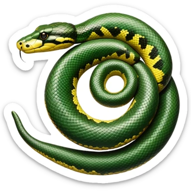 A photo-realistic top-down view of a Green Anaconda tightly coiled in a spiral, with its broad, flat head resting at the center. Its thick, muscular body is olive-green and covered in symmetrical, bold black oval spots that stand out against its smooth scales, creating striking natural camouflage. sticker