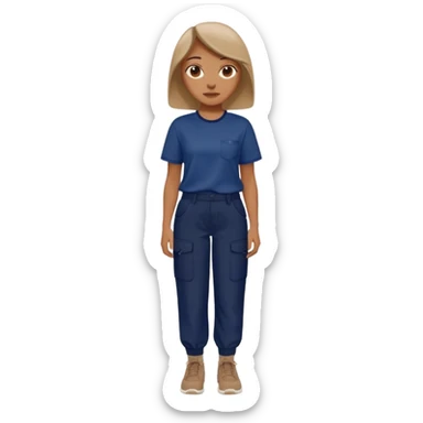woman wearing baggy clothes - shirt = brown pants = Navy blue  sticker