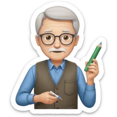 Man teacher: old, wearing vest, wearing glasses, hold chalk on their hand sticker