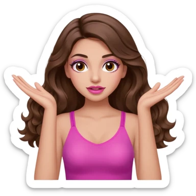 girl with long wavy brown hair, brown eyes, long lashes makeup, sexy pink lips, light to medium complexion, pink sexy top, two hand up shrugging sticker