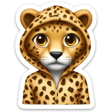 A fictional animal in cheetah pajamas with a hood sticker