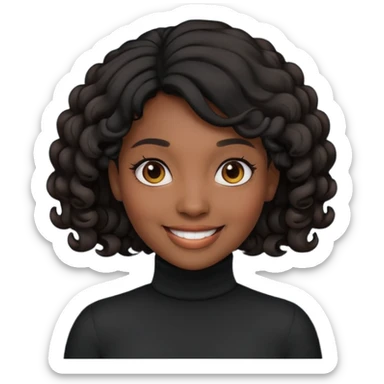 Create a custom emoji-style character inspired by a smiling black woman with curled black hair, dark skin tone, dark eyes, and wearing a turtleneck.  sticker