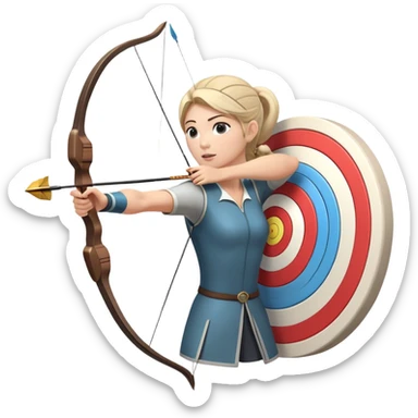 An archer drawing a bow and aiming an arrow at a target, with perfect focus and precision. The target is visible in the background, featuring concentric rings. The scene captures the concentration and skill involved in archery, emphasizing the elegance and accuracy of the sport. sticker