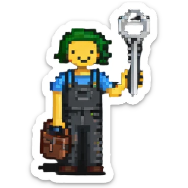 Technical pixel art badge with colorful stick figure holding car tool key sticker