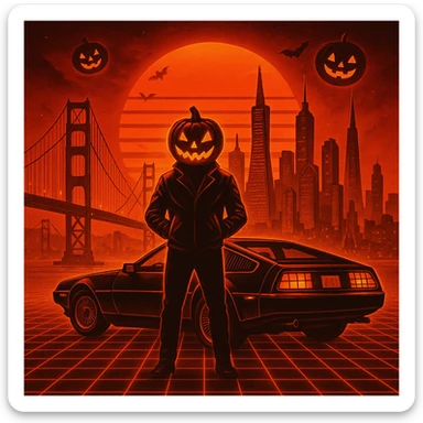 Make the head of the person a halloween pumpkin, make the entire image feel like Halloween retro, make the cityscape san francisco sticker