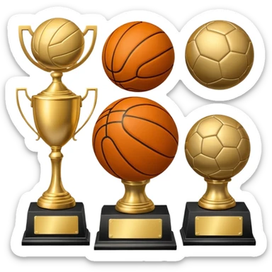 a basketball, soccer ball, volleyball, and a football all mixed with a trophy sticker